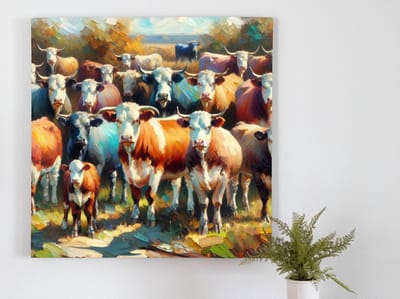 Olieverf vee schilderij | Prachtig geschilderd portret van grazende koeien in levendige kleuren | Kunst - 80x80 centimeter op Dibond | Foto op Dibond