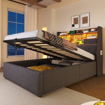 OKWISH Gestoffeerd Bed 90x200 cm - Hydraulisch Opbergbed Met LED-Kopdeel - Met Opbergruimte Onder En Zijkastje - Eenpersoons - Linnen - Zonder matras - Grijs