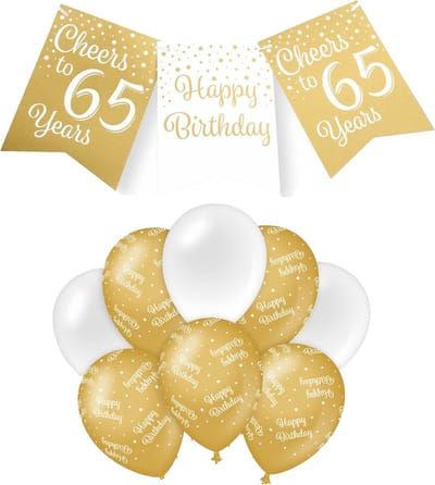 Paperdreams Luxe 65 jaar/Happy Birthday feestversiering set - Ballonnen & vlaggenlijnen - wit/goud