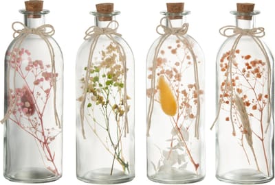 J-Line decoratie fles Hangend - gedroogde bloemen - glas - mix - large - 4 stuks
