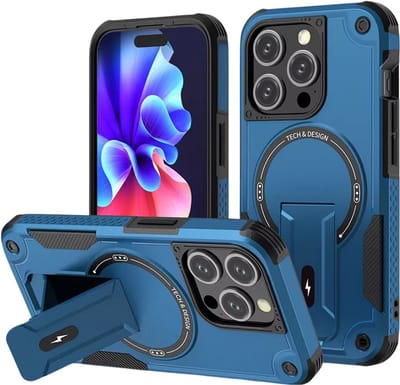 Transparant Hoesje met Standaard – Geschikt voor iPhone 17 – Hardcase Telefoonhoes voor Draadloos Opladen en Valbescherming – Blauw