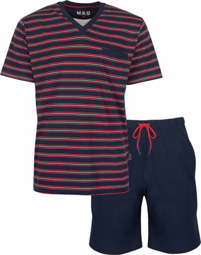 MEQ Heren Shortama - Pyjama Set - V Hals - Gestreept - Blauw - Maat M