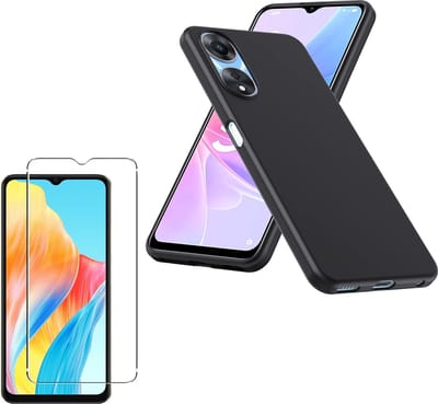 Backcover Hoesje Geschikt voor: Oppo A58 5G Zwart TPU Silicone Soft Case + 1X Tempered Glass Screenprotector
