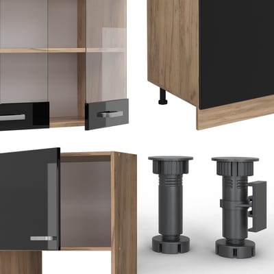 Vicco R-Line Complete keukeneenheid – 300 cm met hoge kast, zonder werkblad Eiken hoogglans zwart/goud