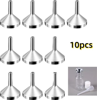Set van 10 kleine metalen trechters - voor het vullen van kleine flesjes of containers, verstuivers, parfums, vloeistoffen (zilver)