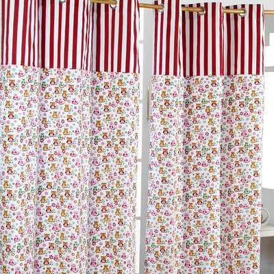 Homescapes gordijnen met oogjes uil rood roze wit set van 2 100% katoen, 137 x 117 cm