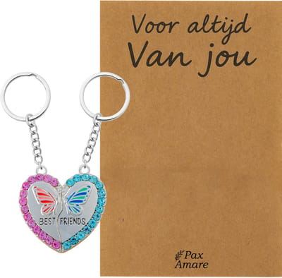 Koppel Sleutelhanger voor 2 'Voor altijd van jou' - Magnetisch Hartje met Vlinder - Sleutelhanger set op Cadeau Kaartje - Zilverkleurig - Persoonlijke Hanger - Pax Amare