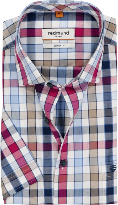 Redmond comfort fit overhemd - korte mouw - chambray - blauw met rood - wit en kaki geruit