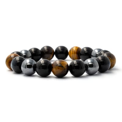 Bixorp Gems Tijgeroog + Hematiet + Onyx Edelstenen Armband - Gepolijste Edelsteen Kralenarmband - 12mm / 22cm