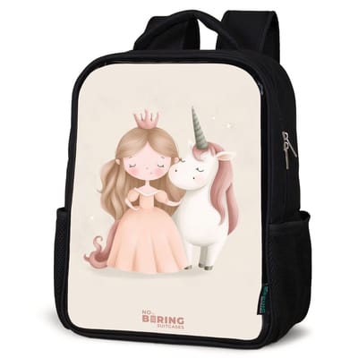 NoBoringSuitcases.com® - Rugzak zwart - Schooltas jongen & meisje - Prinses en een eenhoorn in pastel kleuren - Rugtas voor school - Boekentas kind - Schoolrugzak - Kinderrugzak