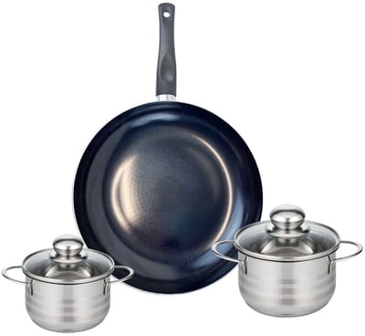 Set van 1 Koekenpan 32 cm en 2 kookpotten 14 en 16 cm Elo Prima Glanzend