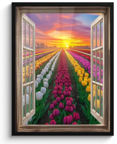 Poster in lijst - Fotolijst 50x70 cm - Posters - Doorkijk - Bloemen - Tulpen - Kleurrijk - Zonsondergang - Posterlijst zwart - Decoratie - Wanddecoratie woonkamer - Muurdecoratie slaapkamer