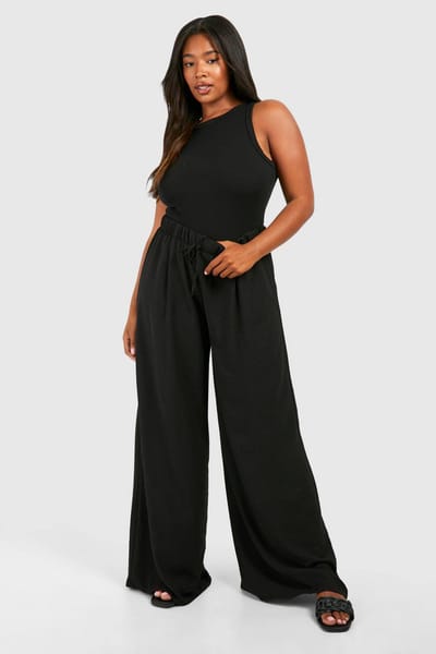boohoo Dames Plus Geweven Broek met Trekkoord en Wijde Pijpen | Zwart | Maat: 52