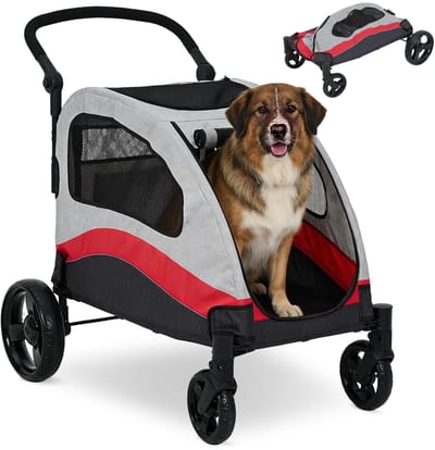 Hondenbuggy - Stevige, opvouwbare hondenbuggy - 360° draaibare wielen - Afneembare draagmand - Verstelbare duwstang - Opbergvak - 108 × 94 × 72 cm