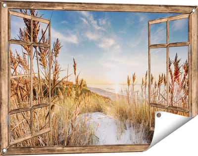 Gards Tuinposter Doorkijk Strand en Zee vanuit Duinen met Zonsondergang - 90x60 cm - Tuindoek - Tuindecoratie - Wanddecoratie buiten - Tuinschilderij