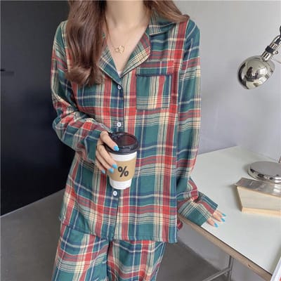 Groene Kerstpyjama's Koppel Pyjama Set Eenvoudige Ruit Nachtkleding Katoen Herfst Winter Dames Pyjama Pak Lange Mouw Loungewear M gray