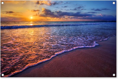Tuinposter zee - Zonsondergang - Strand - Wolken - Schutting decoratie - Tuinschilderij voor buiten - Tuin - Schuttingdoek - 90x60 cm - Tuindecoratie - Tuindoek - Tuin decoratie