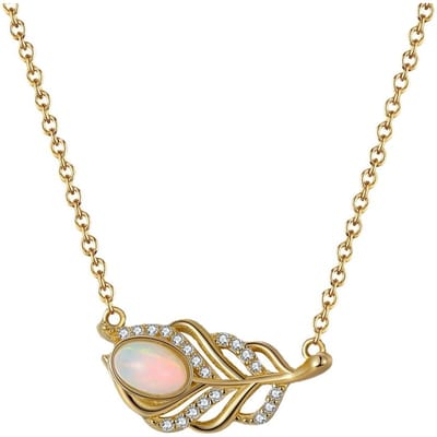 S925 Sterling Zilveren Ketting Natuurlijke Opaalsteen Goud Veer Diamant Holle Sieraden 925 beige