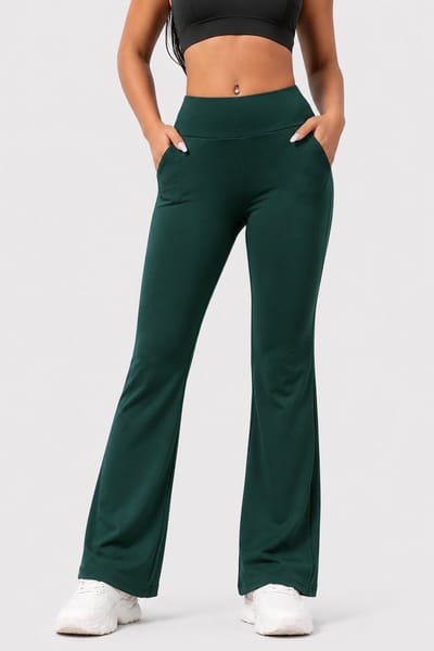 SparkNine Horizon flare broek - dames legging met zakken - petite pijplengte - S - groen - hoge taille - stijlvol & elastisch - sportlegging