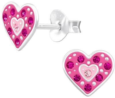 Joy|S - Zilveren hartje oorbellen - 7.5 x 7 mm - roze met zacht roze en magenta roze kristalletjes - kinderoorbellen