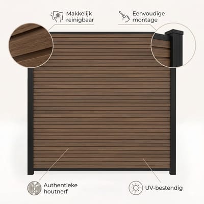 Schutting - TEAK - Composiet schutting - Aluminium palen - COMPLETE SET schuttingdeel met 1 multipaal