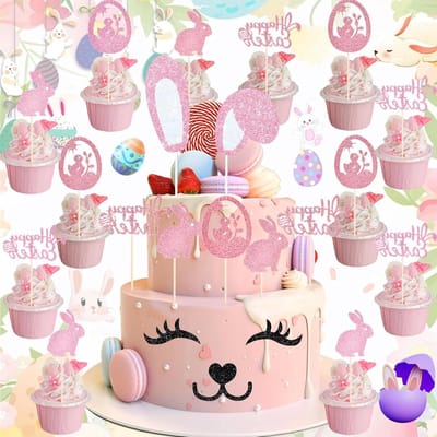 ByShane - 17 stuks Konijn Cupcake Decoratie Taartdecoratie voor Pasen - Leuke Konijnenoren Taarttopper - Konijnen Taartdecoraties - Herbruikbare Konijnen Paastaartdecoratie - Konijn Thema Verjaardag