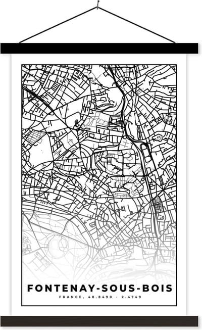 Posterhanger incl. Poster 40x60 cm - Schoolplaat - Frankrijk - Plattegrond - Fontenay-sous-Bois - Stadskaart - Kaart - Zwart wit - Textielposter - Zwarte latten - Stadskaart