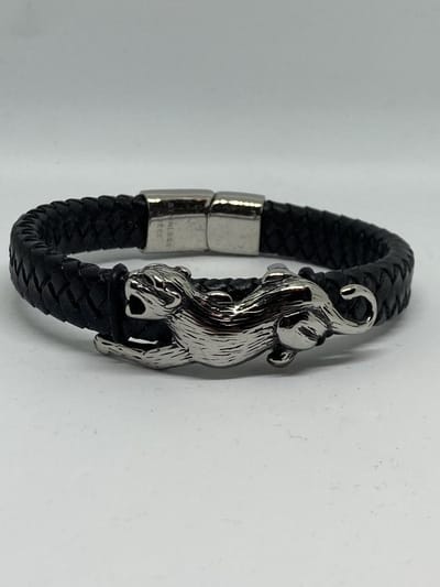 RH-Jewelry. Lederen armband met stalen panter. 22 cm