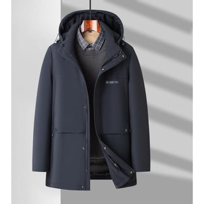 Doudoune à capuche pour homme Hiver Nouveau Doudoune en duvet d'oie Live-face avec doublure amovible Manteau épais pour homme 4XL bleu marine