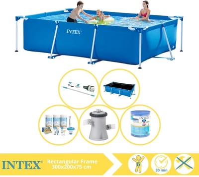 Intex Rechthoekig Frame Zwembad - 300 x 200 x 75 cm - Blauw - Inclusief Solarzeil - Onderhoudspakket - Zwembadfilterpomp - Filter - Stofzuiger - 6-delig