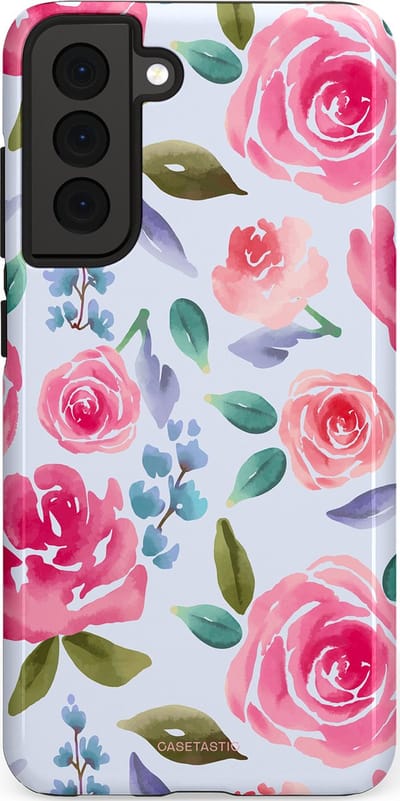 Casetastic hoesje geschikt voor Samsung Galaxy S21 FE 5G - Dubbellaagse bescherming - Aquarel Bloemendroom - Fashion Case - Lichtblauw Lichtroze