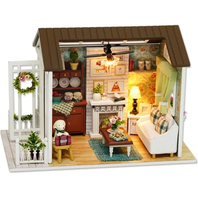 DIY miniatuur poppenhuiskit Realistisch mini 3D houten huiskamerambacht met meubel-LED-verlichting beige
