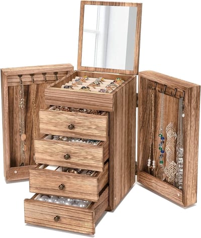 Sieradenbox met Spiegel en 4 Laden, Houten Organiser met Grote Capaciteit voor Kettingen, Oorbellen en Ringen, Vintage Stijl in Rustiek Bruin