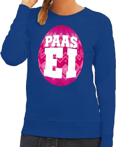 Blauwe Paas sweater met roze paasei - Pasen trui voor dames - Pasen kleding XS