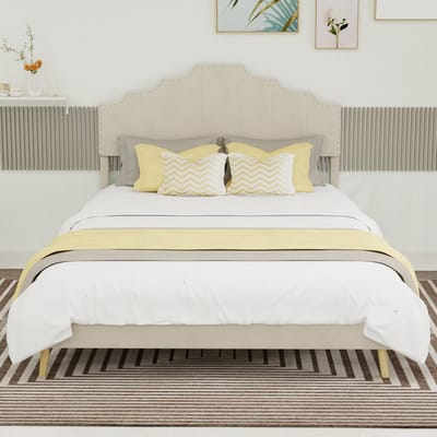 Wishdor Gestoffeerd Bedframe – 140 x 200 cm – Geometrisch Hoofdbord met Siernagels – Stof en Metaal Beige – Lattenbodem voor Ventilatie – Zachte Hollandwol – Stijlvol voor Moderne Slaapkamer
