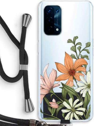 Case Company® - Hoesje met koord geschikt voor Oppo A74 5G hoesje met Koord - Floral bouquet - Telefoonhoesje met Zwart Koord - Bescherming aan alle Kanten en Over de Schermrand