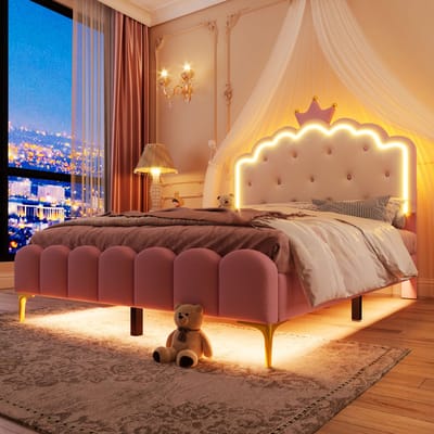 Gestoffeerd bed - 140 x 200cm - met lattenbodem - zonder matras - sfeerlicht met afstandsbediening - kroonprinsesvorm - PU - roze