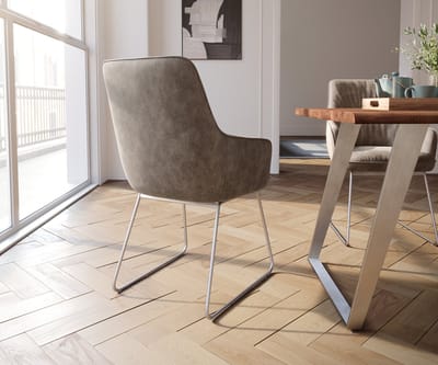 Gestoffeerde-stoel Zelia-Flex met armleuning slipframe roestvrij staal microvelours taupe vintage pocketveer kern