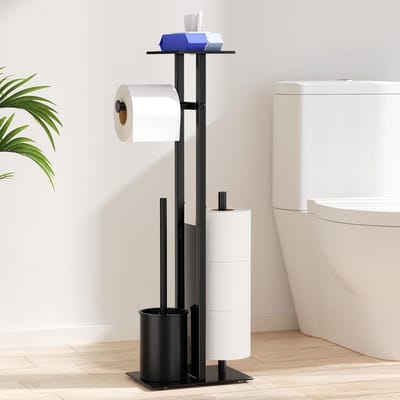 Stalen Staande Toiletrolhouder met Toiletborstel en Glazen Plank - Modern Design voor Badkamer en Toilet Accessoires