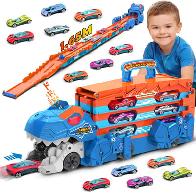VATOS Dinosaurus Speelgoed vrachtwagen - 2-in-1 Uitwerpbare Opvouwbare Racewagen - 8 Raceauto Voertuigen Speelgoed Autos Jongens Kinderen 3-5 Jaar