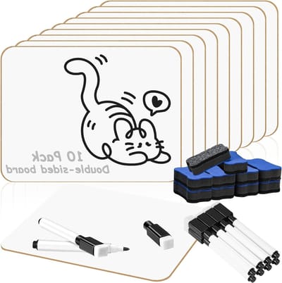 Set van 10 Mini Drooguitwisbare Whiteboards A4 met 10 Pennen en 10 Wistools voor Studenten en Kantoorgebruik, Dubbelzijdig en Draagbaar, Ideaal voor Notities en Presentaties