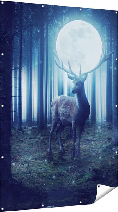 Gards Tuinposter Hert in het Bos tijdens Volle Maan - 120x180 cm - Tuindoek - Tuindecoratie - Wanddecoratie buiten - Tuinschilderij