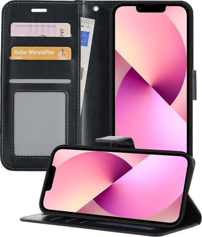 Hoesje - Met Pasjeshouder - Geschikt voor Apple iPhone 14 - Luxe Bookcase Portemonee - Flip Case - Kunstleer Book Case - Flipcase - Book Cover - Walletcase - Portemonneehoes - Telefoonhoesjes - Zwart
