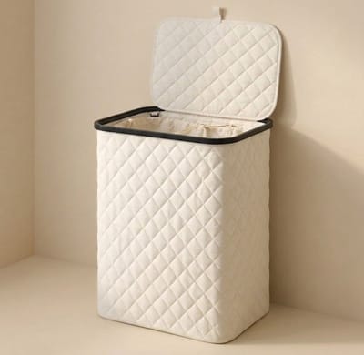 MAZAZU Wasmand met Deksel - 100 Liter - Uitneembare Binnenzak - Bamboe Frame - Crème Wit - Opvouwbare Wasbox - 44x33x69 cm