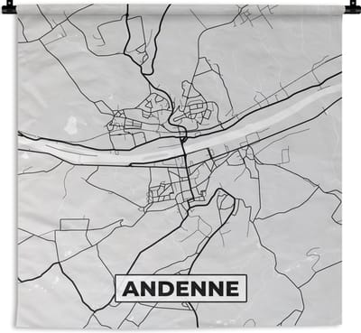 Wandkleed - Wanddoek - Stadskaart – Zwart Wit - Kaart – Andenne – België – Plattegrond - 180x180 cm - Wandtapijt