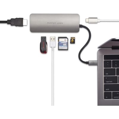 PEPPER JOBS USB C HUB TCH-4 grijs | 4-in-1 USB C Adapter | Oplader Universeel