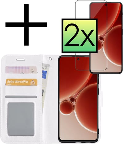 Hoesje - Met 2x Screenprotector - Geschikt voor OnePlus Nord 3 - Luxe Pasjeshouder - Bookcase Portemonee - Flip Case - Kunstleer Book Case - Flipcase Hoes - Book Cover - Walletcase - Portemonneehoes - Wit