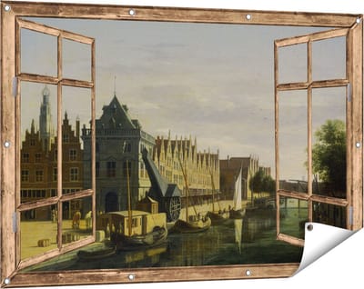 Gards Tuinposter Doorkijk De Waag en de Kraan aan het Spaarne te Haarlem - Gerrit Adriaensz Berckheyde - 120x80 cm - Tuindoek - Tuindecoratie - Wanddecoratie buiten - Tuinschilderij