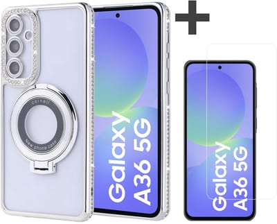 Hoesje met Ringhouder Geschikt voor Samsung Galaxy A36 met Diamant Glitters en Gehard Glas Screenprotector – Arara Backcover - Zilver