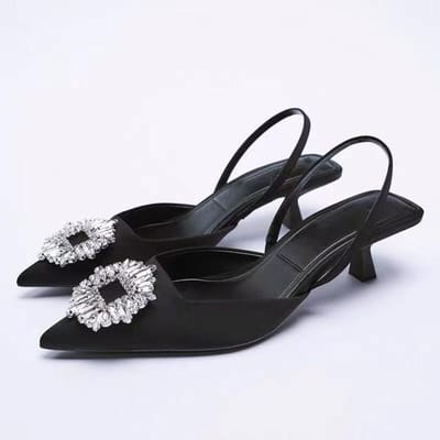 Dames Sandalen Pumps Vrouwelijke Mode Luxe Kristal Pailletten Slingback Sandalen Dunne Lage Hak Dames Elegante Pumps Schoenen 41 zwart